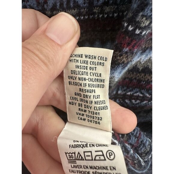 LL Bean Nordic Fair Isle‎ Cardigan Sweater Blue Cotton Cashmere Size M Grandma - Picture 7 of 8